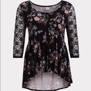Torrid Super Soft Black Floral Lace Sleeve Tee